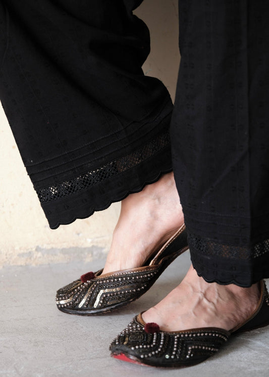 Black dobby cotton salwar with insert lace edging and scallops - Sohni