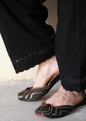 Black dobby cotton salwar with insert lace edging and scallops - Sohni