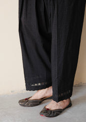 Black dobby cotton salwar with insert lace edging and scallops - Sohni