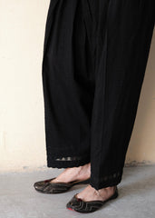 Black dobby cotton salwar with insert lace edging and scallops - Sohni