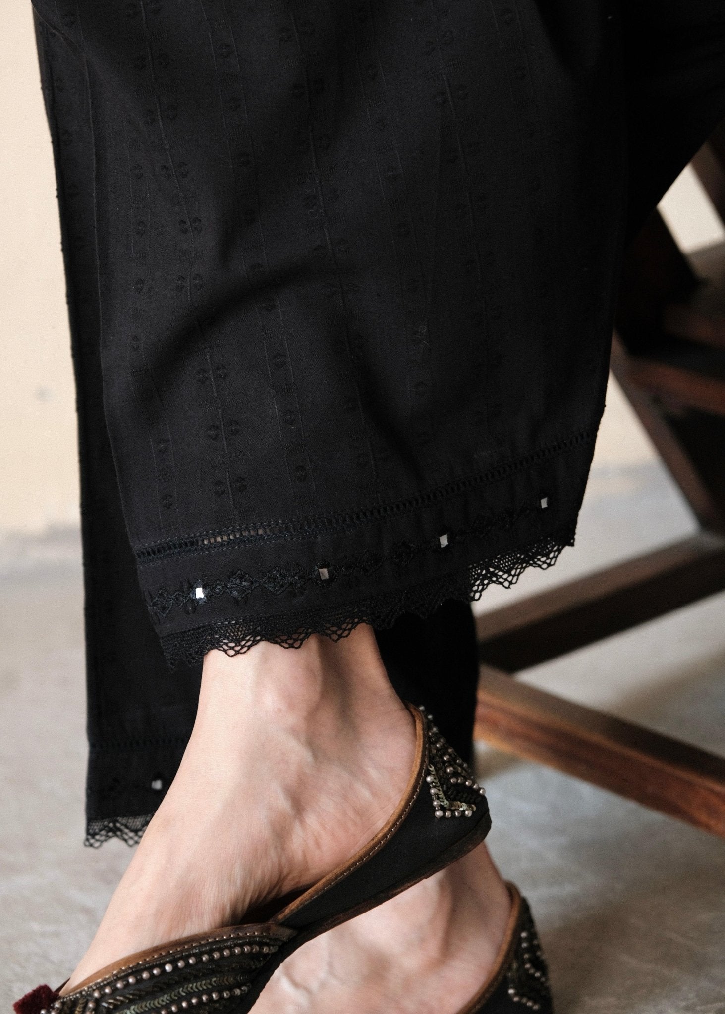 Black dobby cotton salwar with lace and embroidery - Sohni