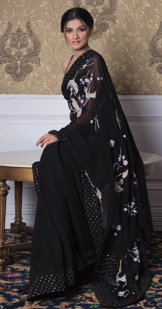 Black flamingo embroidered saree and blouse set - Sohni