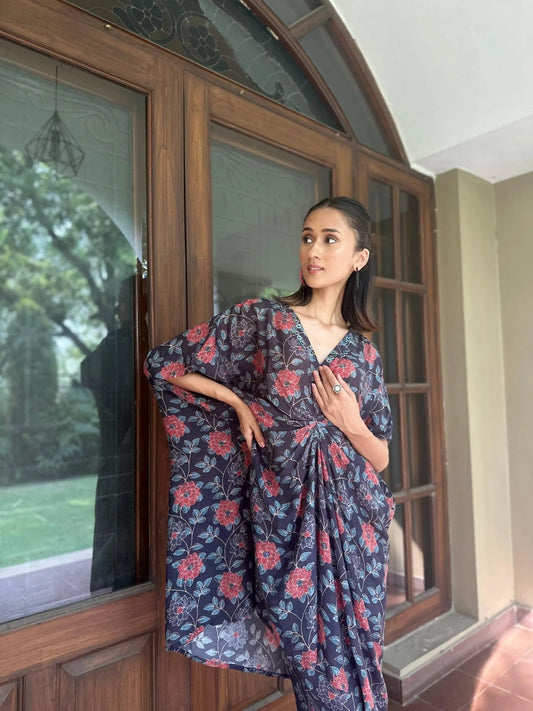 Black floral hand embroidered muslin kaftaan co ord set - Sohni