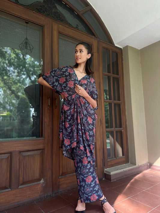 Black floral hand embroidered muslin kaftaan co ord set - Sohni