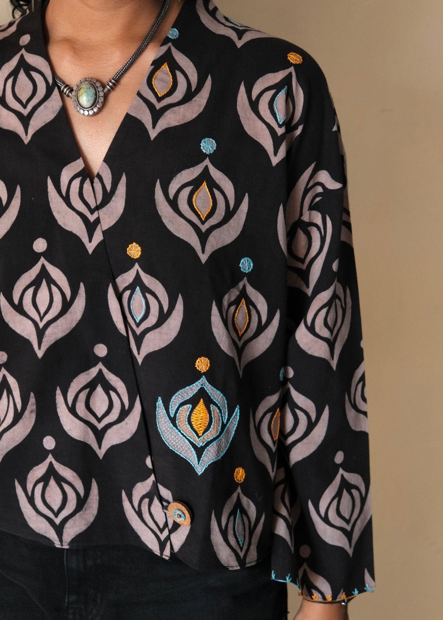 Black grey ajrakh crossover kimono top - Sohni