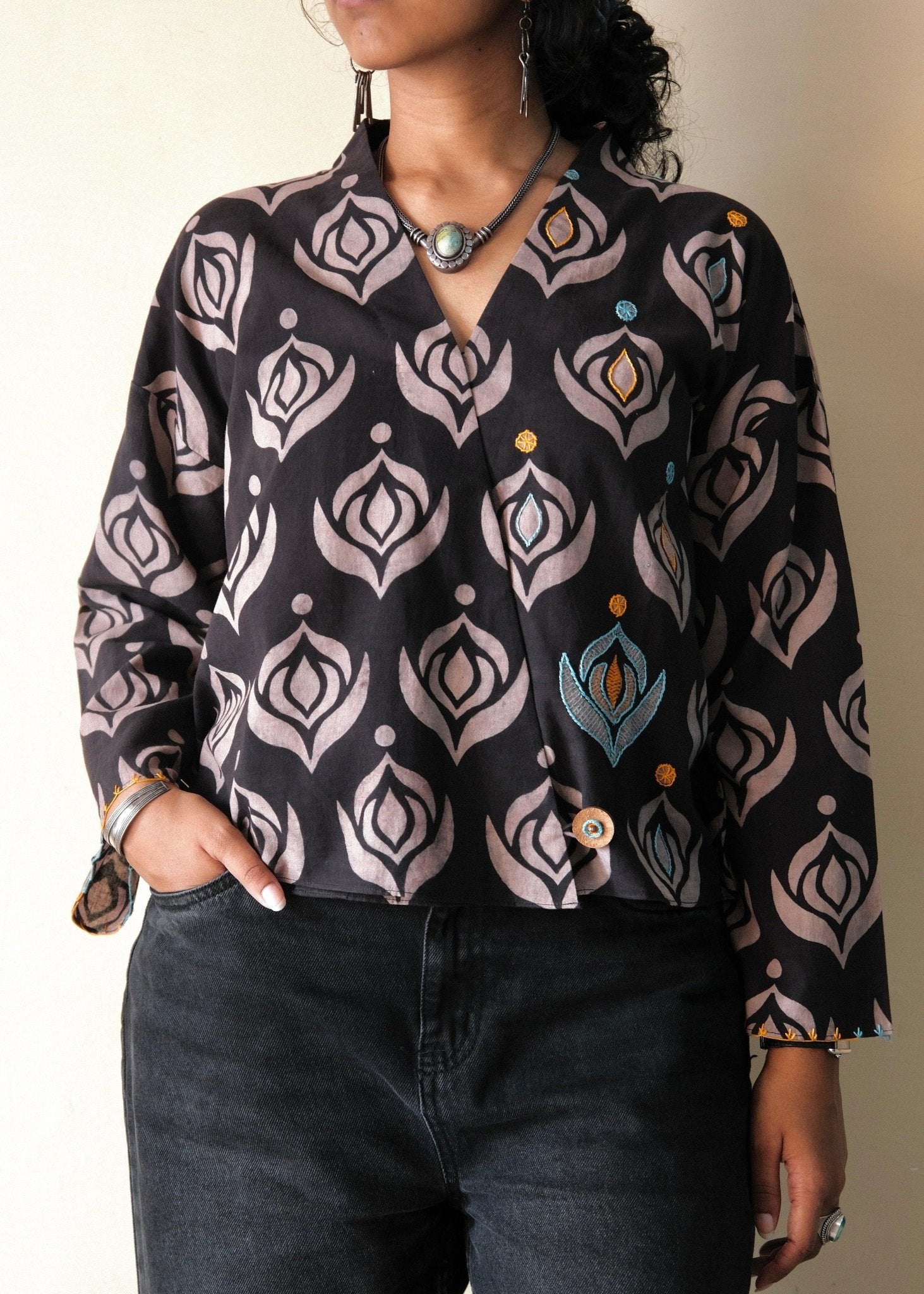 Black grey ajrakh crossover kimono top - Sohni