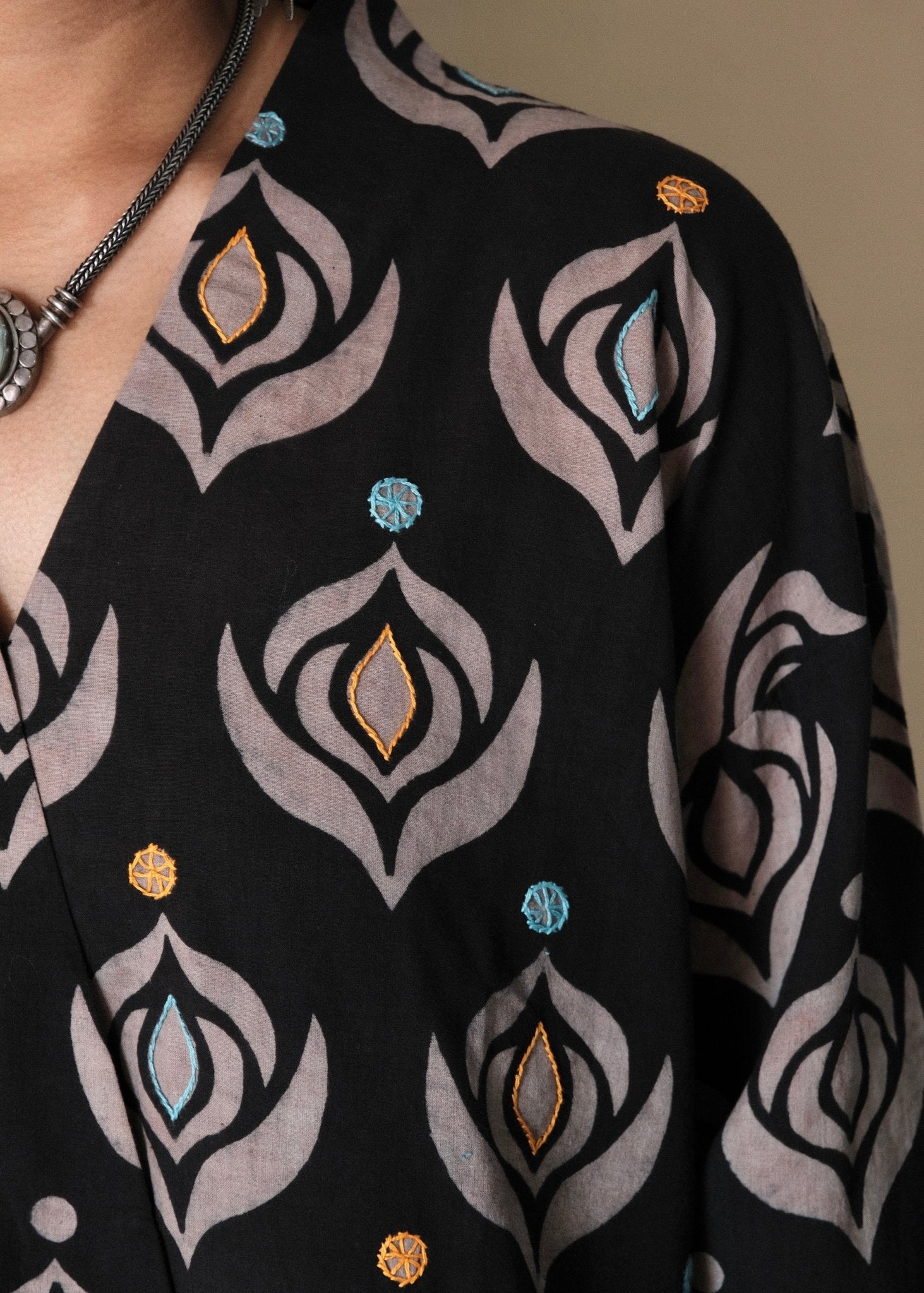 Black grey ajrakh crossover kimono top - Sohni