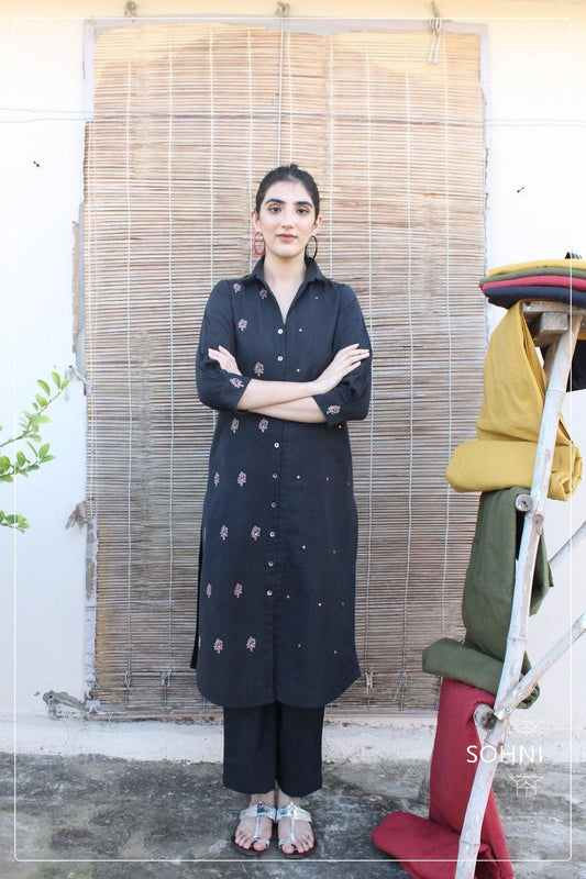 Black handloom shirt kurta and pants set with dori booti and mirrors embroidery - Sohni