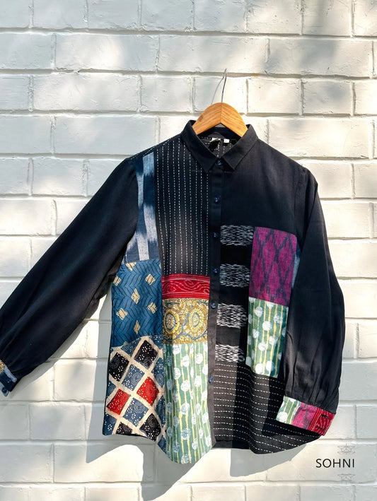 Black handloom shirt with patchwork and kantha detail - Sohni