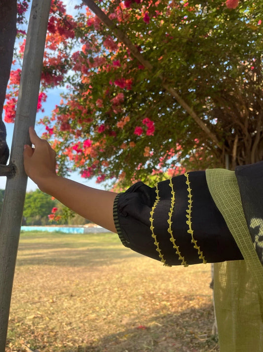 Black mangalgiri kurta with striped salwar and kota shibori dupatta - Sohni