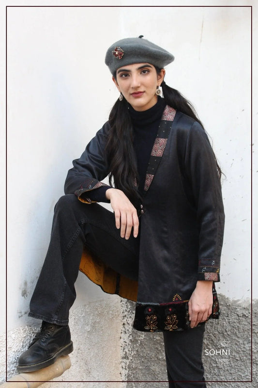 Black mashru jacket with brocade lapels and printed velvet detail - Sohni