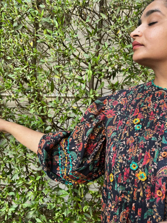 Black printed mulmul dress with pleats and crochet detaill - Sohni