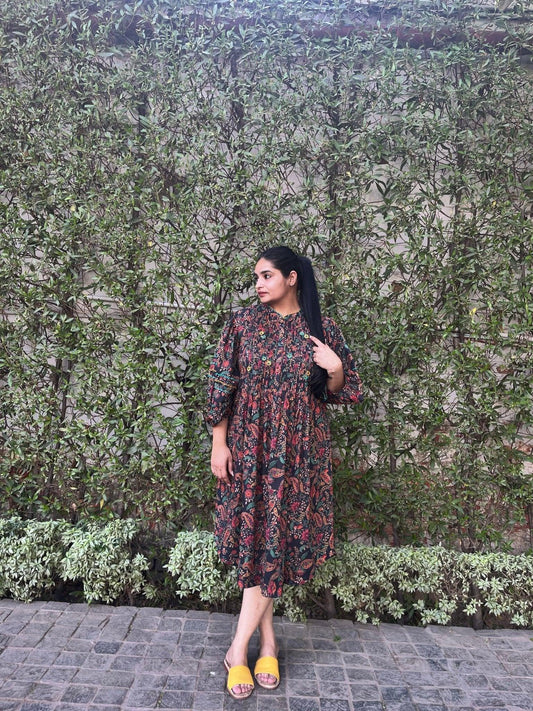 Black printed mulmul dress with pleats and crochet detaill - Sohni