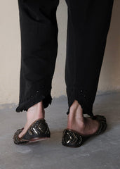 Black urmul cotton salwar with frill edged slanted opening and hand done mirror embroidery - Sohni