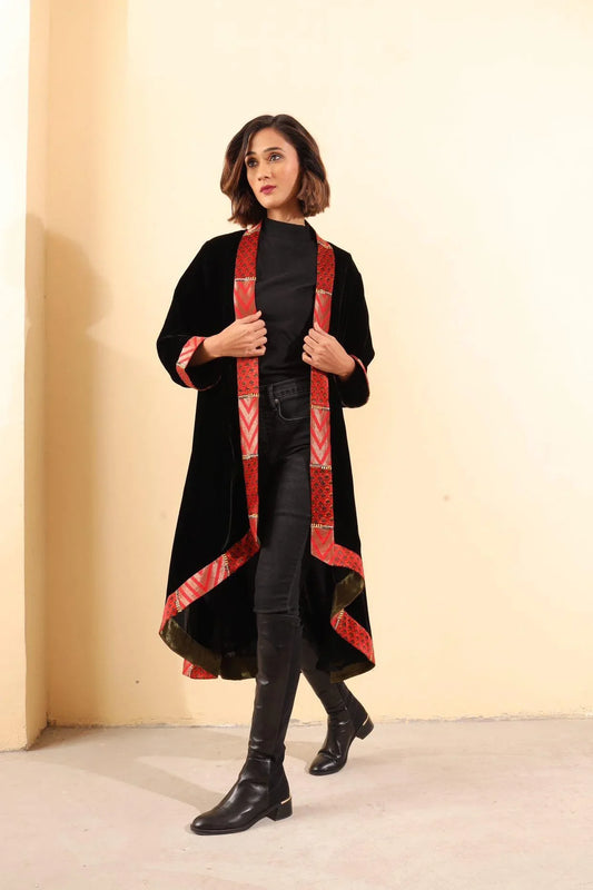 Black velvet cape with brocade and mashru embroidered placket - Sohni