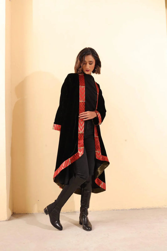 Black velvet cape with brocade and mashru embroidered placket - Sohni