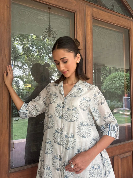 Blue and white muslin co ord set with Mughal bootis - Sohni