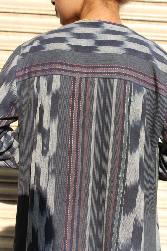 Blue black handwoven overlay with embroidered crop top and palazzos set - Sohni