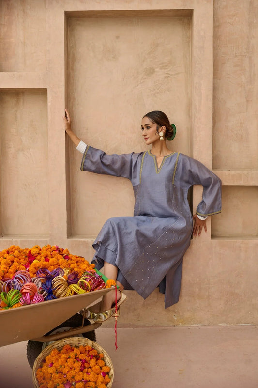 Blue grey tissue chanderi kurta set with dragon fly embroidery - Sohni
