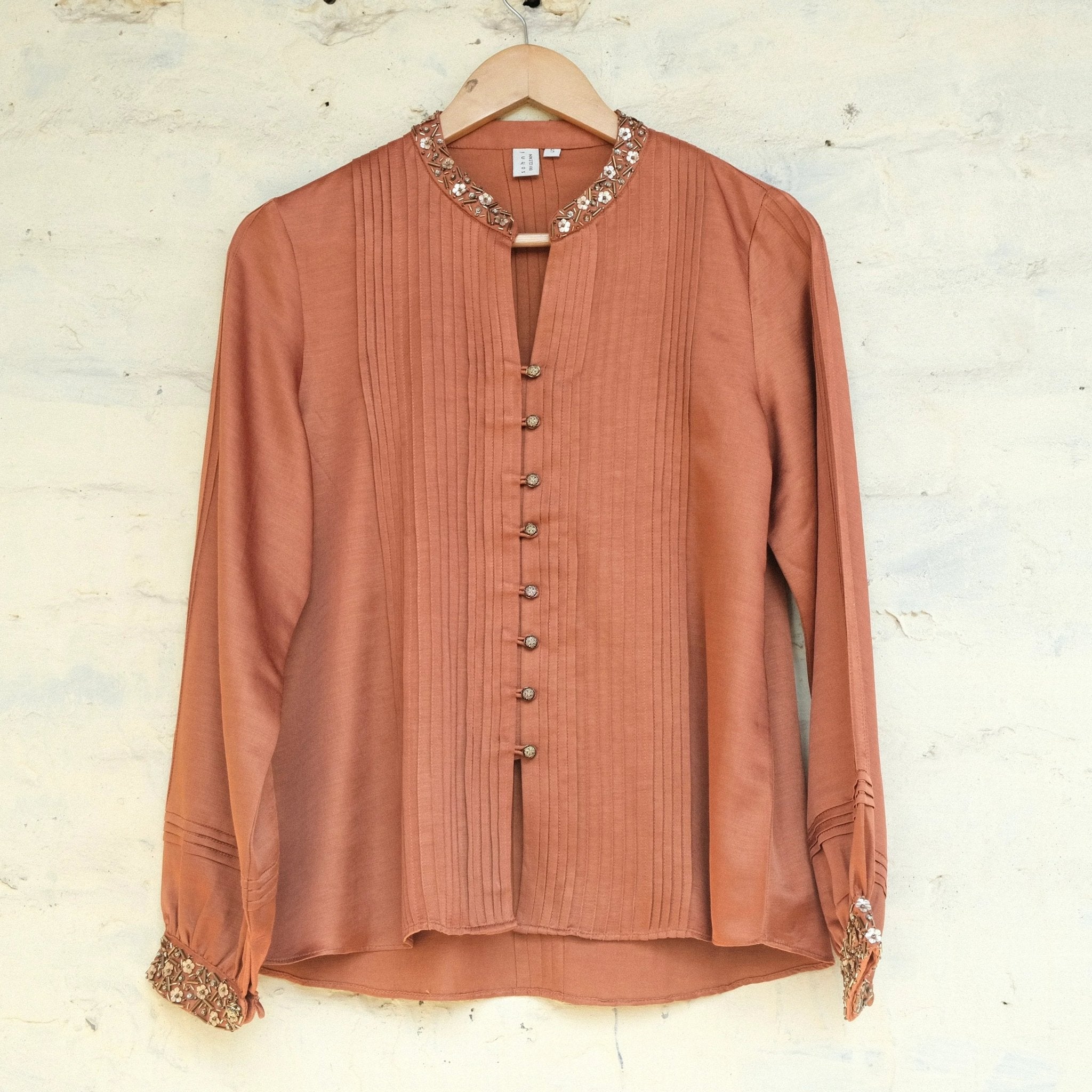 Burnt orange cotton satin pleated top - Sohni