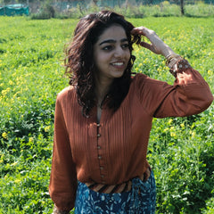 Burnt orange cotton satin pleated top - Sohni