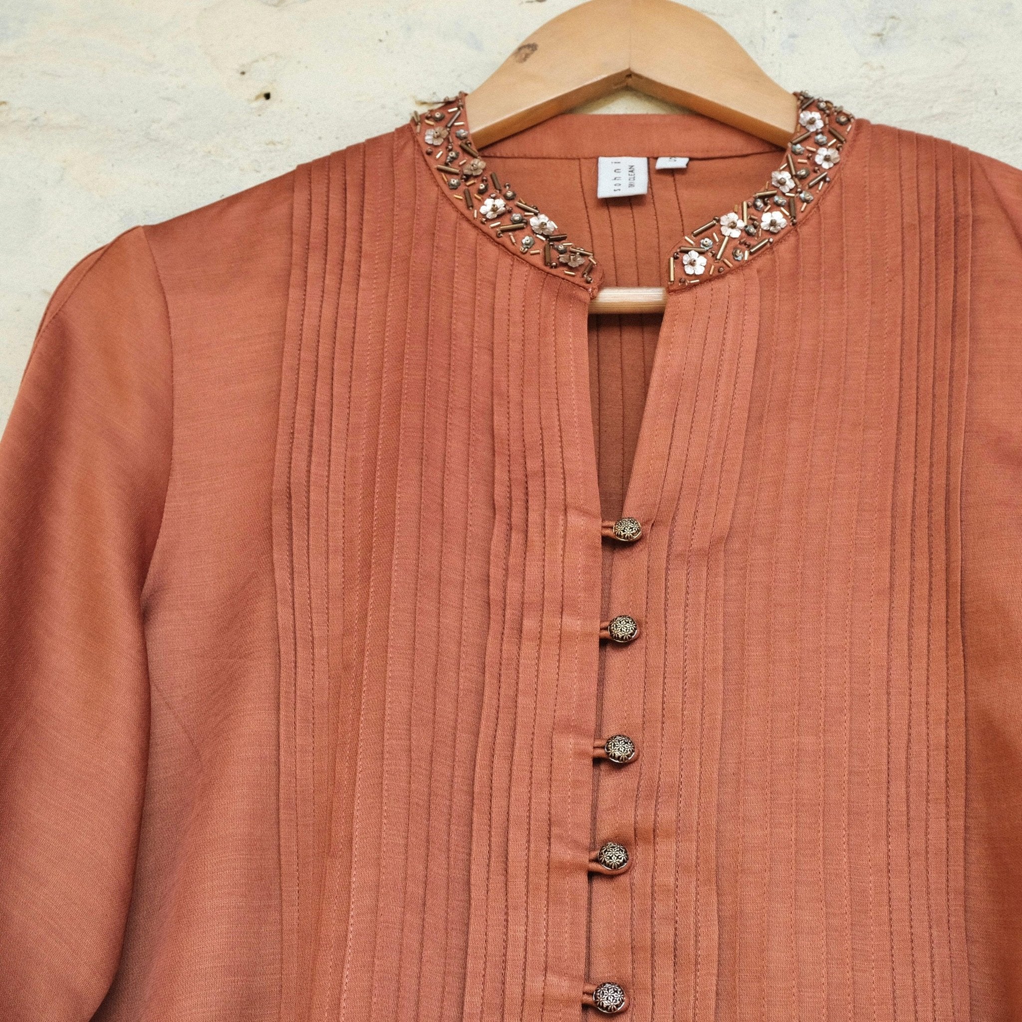 Burnt orange cotton satin pleated top - Sohni