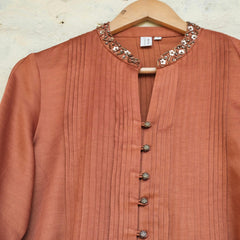 Burnt orange cotton satin pleated top - Sohni