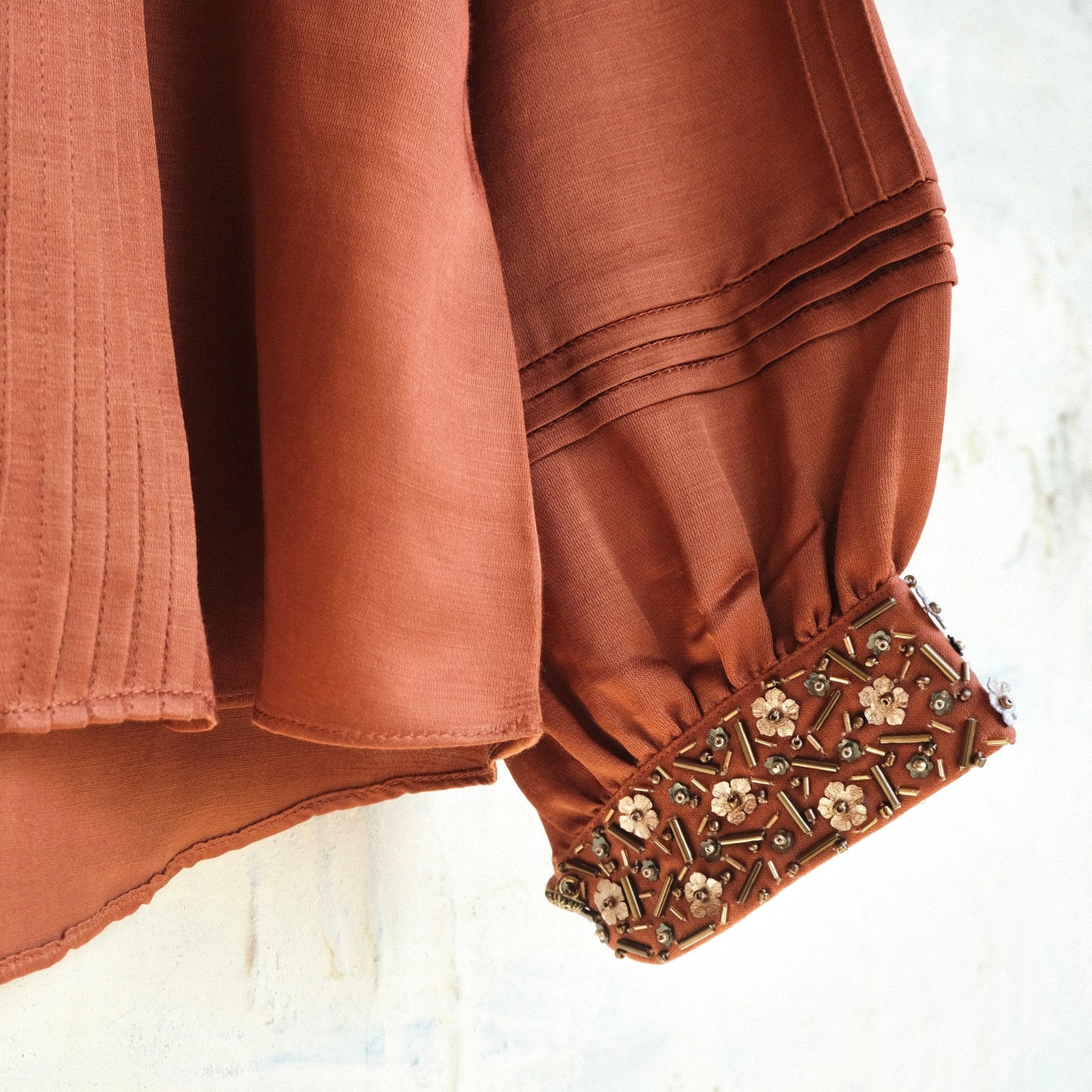 Burnt orange cotton satin pleated top - Sohni