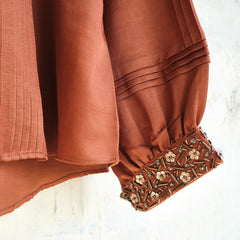 Burnt orange cotton satin pleated top - Sohni