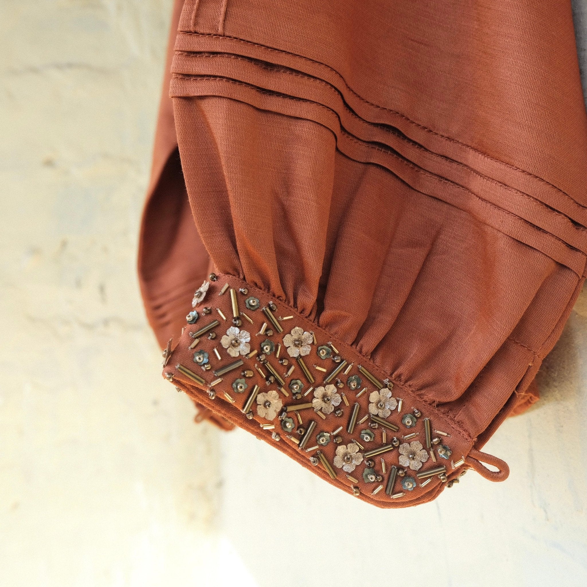 Burnt orange cotton satin pleated top - Sohni