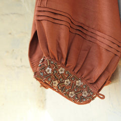 Burnt orange cotton satin pleated top - Sohni