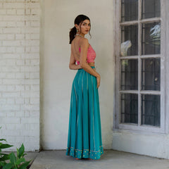 Chartreuse chanderi embroidered cape with mithai pink bustier and peacock sharara pants - Sohni