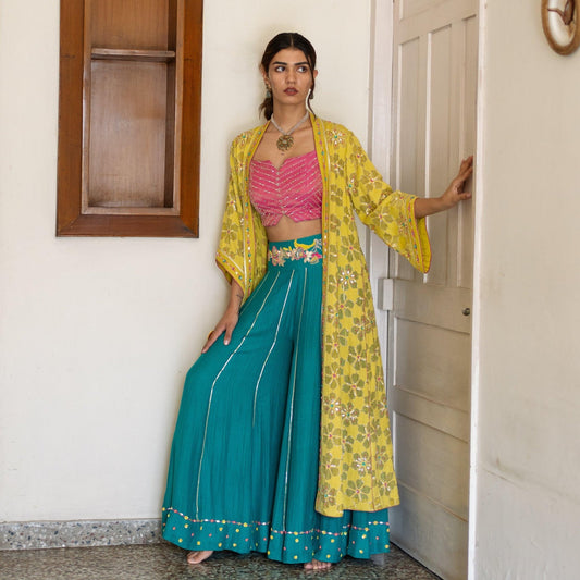 Chartreuse chanderi embroidered cape with mithai pink bustier and peacock sharara pants - Sohni