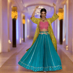 Chartreuse chanderi embroidered cape with mithai pink bustier and peacock sharara pants - Sohni
