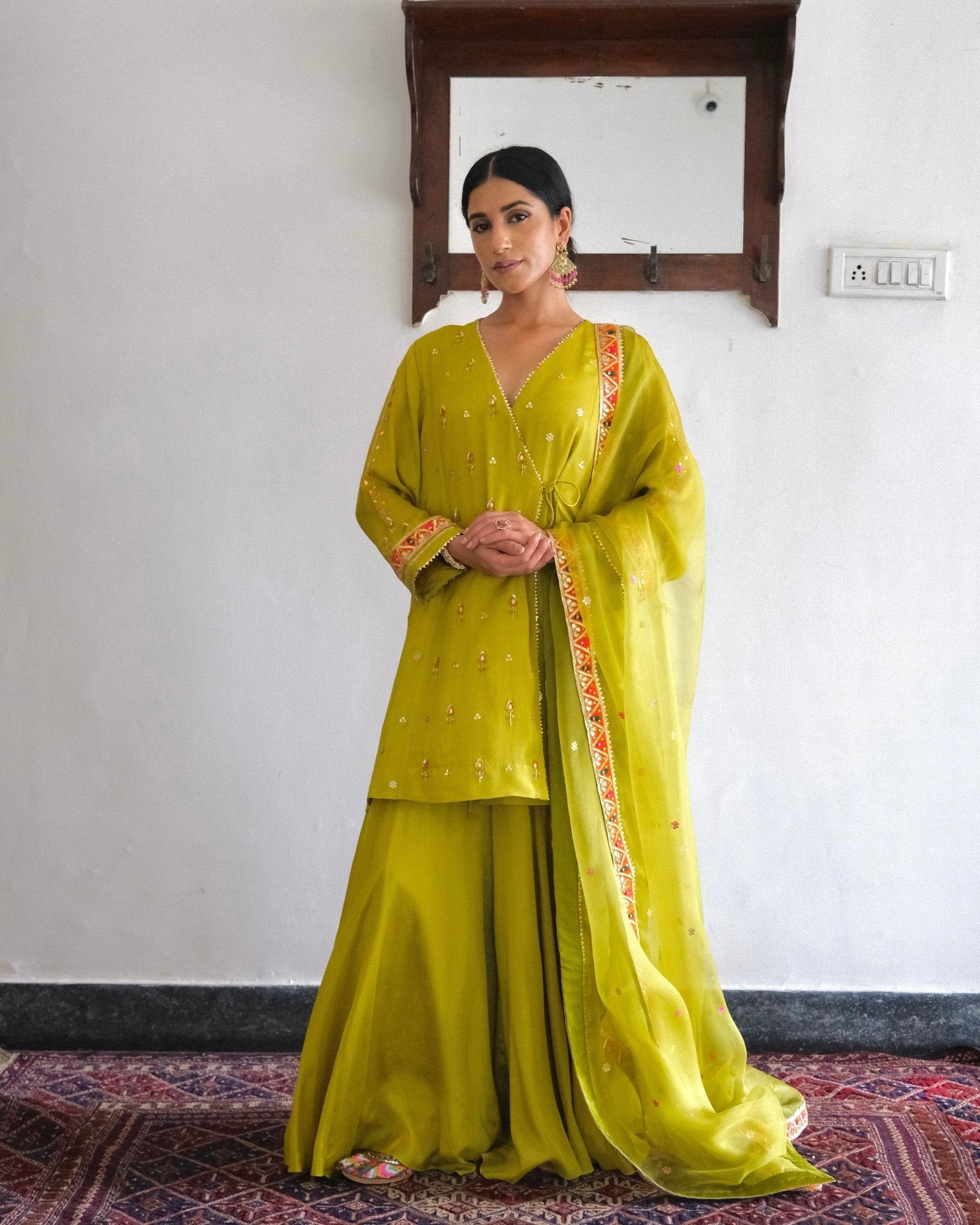 Chartreuse green gota patti angrakha with garara and organza dupatta - Sohni