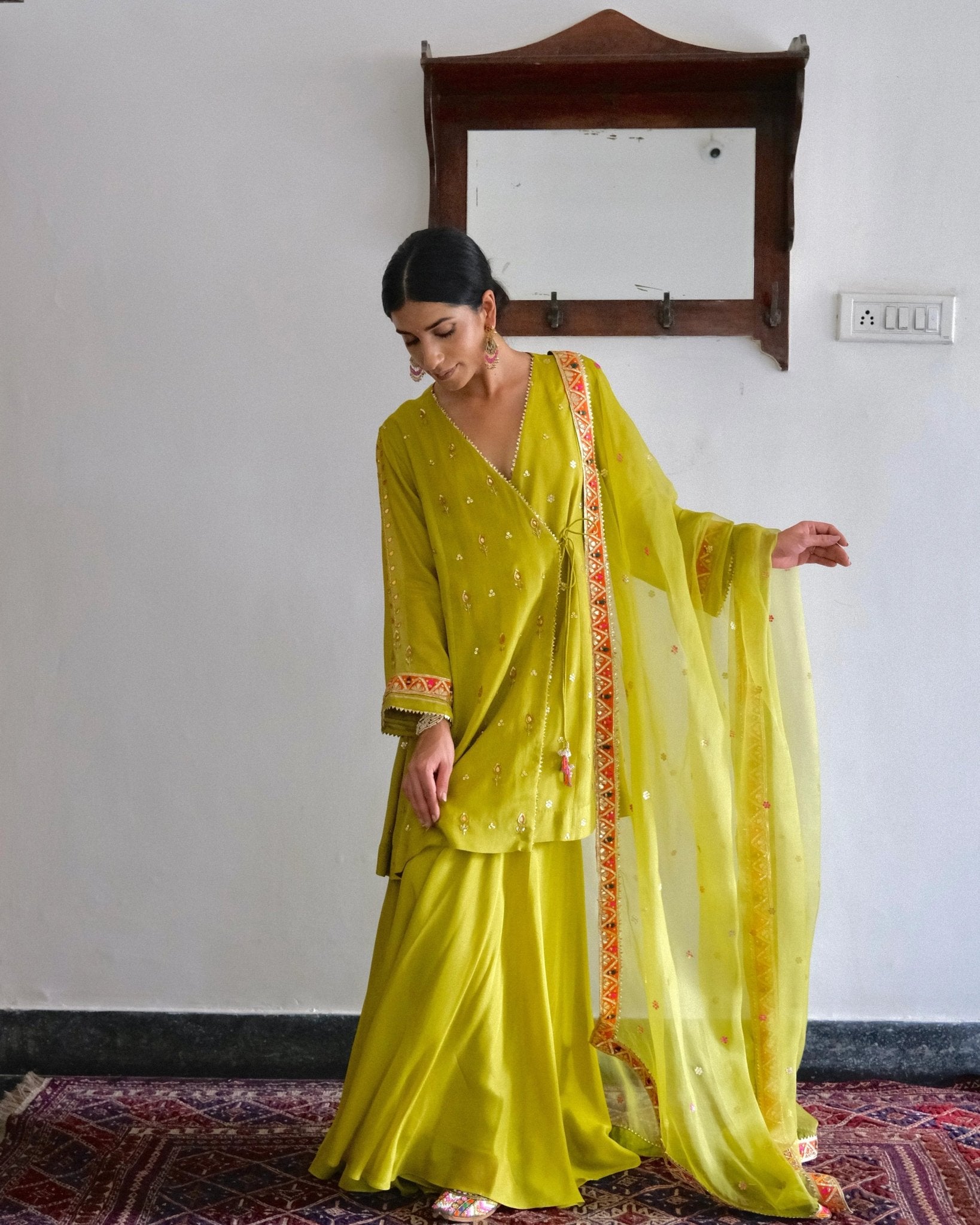 Chartreuse green gota patti angrakha with garara and organza dupatta - Sohni