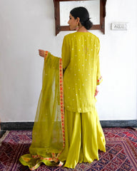 Chartreuse green gota patti angrakha with garara and organza dupatta - Sohni