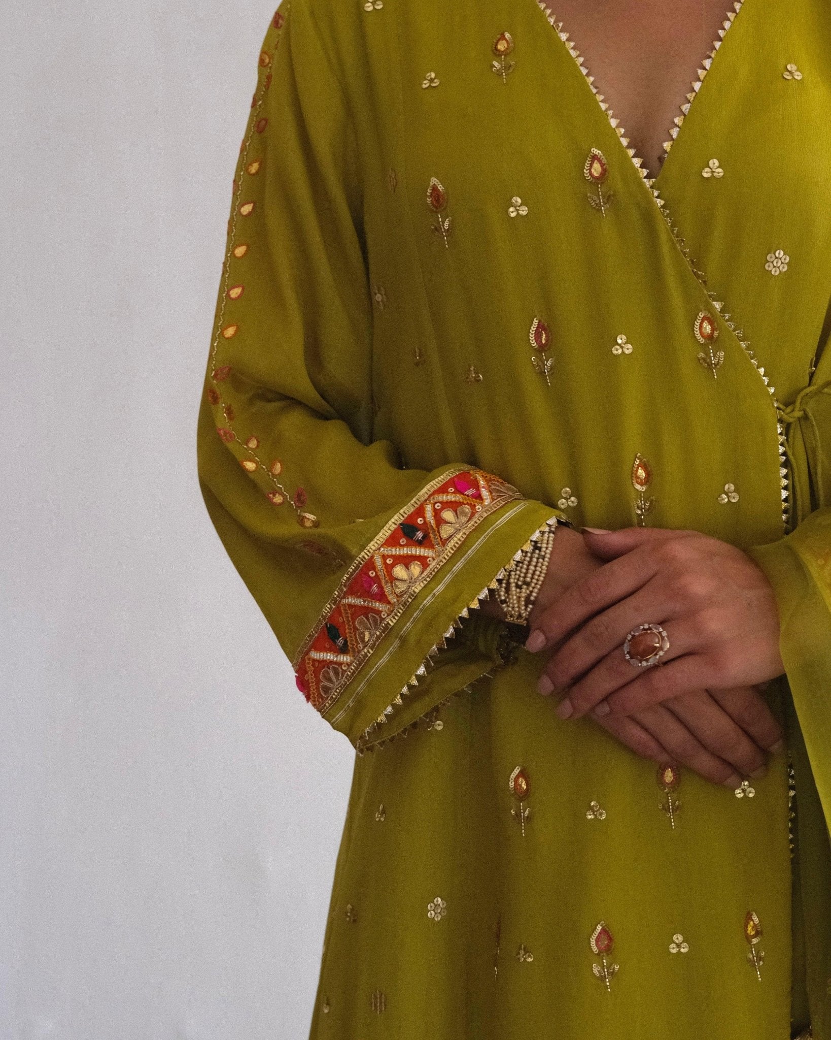 Chartreuse green gota patti angrakha with garara and organza dupatta - Sohni