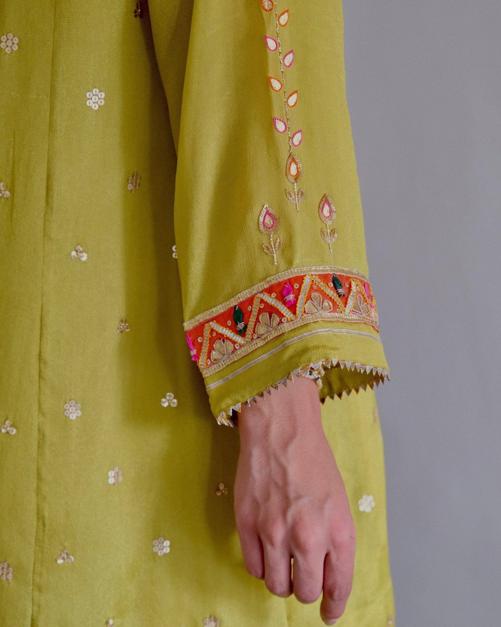 Chartreuse green gota patti angrakha with garara and organza dupatta - Sohni