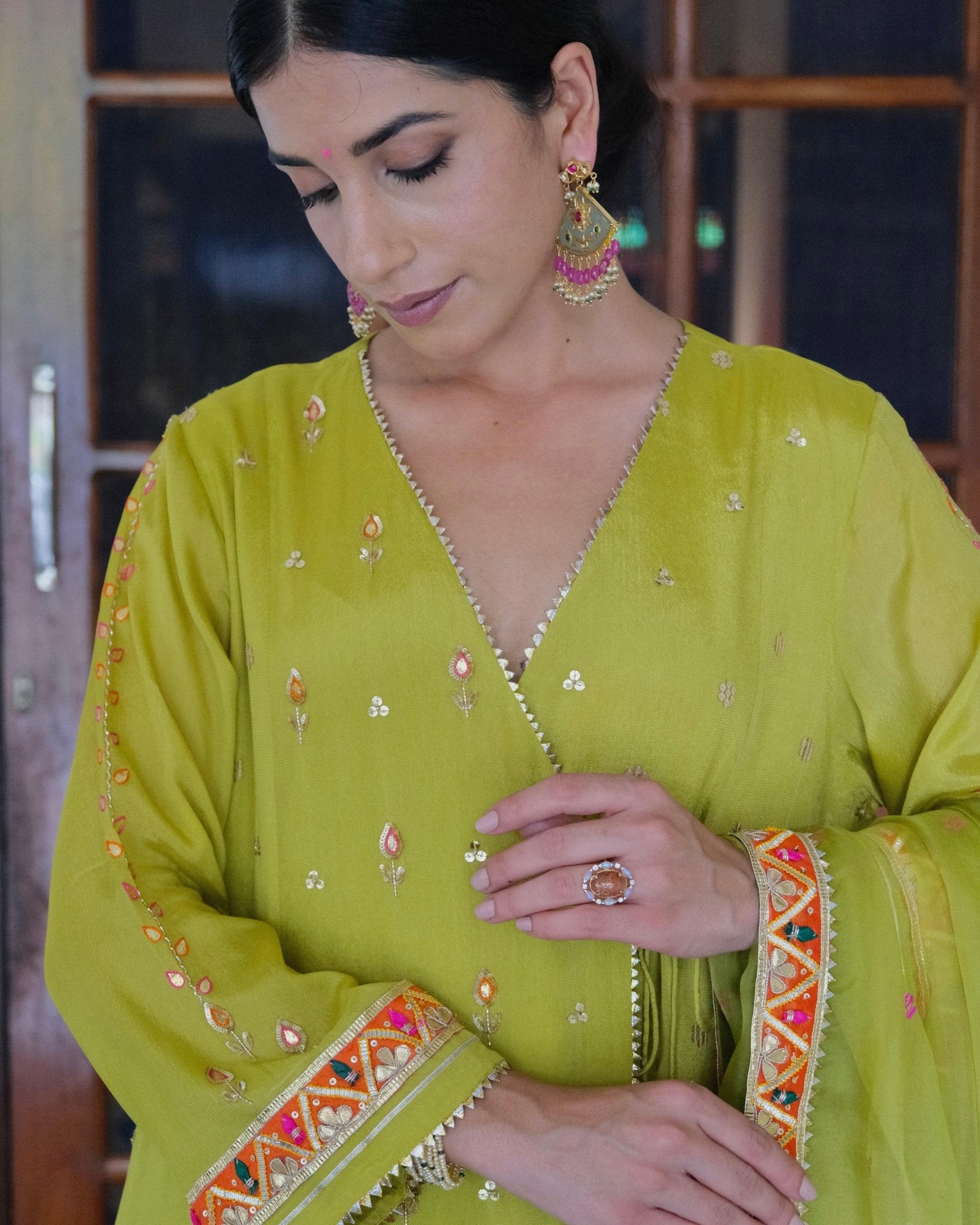 Chartreuse green gota patti angrakha with garara and organza dupatta - Sohni