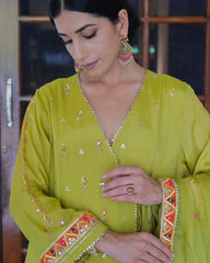 Chartreuse green gota patti angrakha with garara and organza dupatta - Sohni