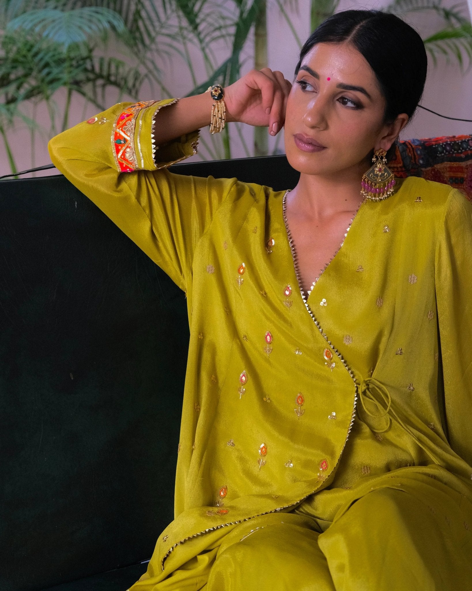 Chartreuse green gota patti angrakha with garara and organza dupatta - Sohni