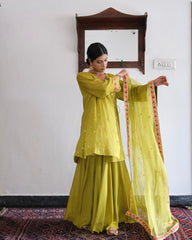 Chartreuse green gota patti angrakha with garara and organza dupatta - Sohni