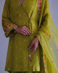 Chartreuse green gota patti angrakha with garara and organza dupatta - Sohni