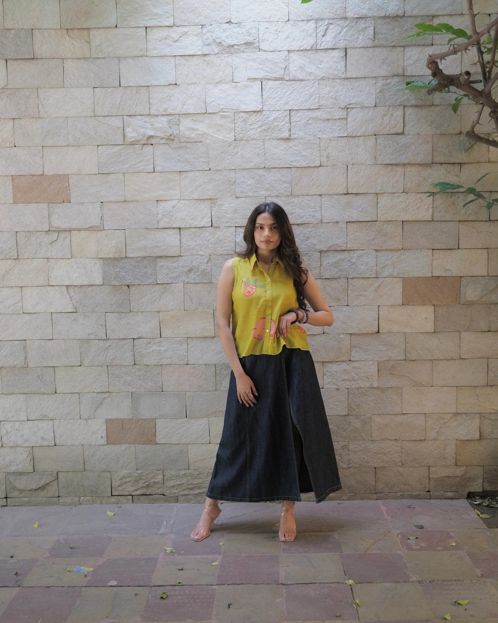 Chartreuse yellow muslin sleeveless top with embroidered collar - Sohni