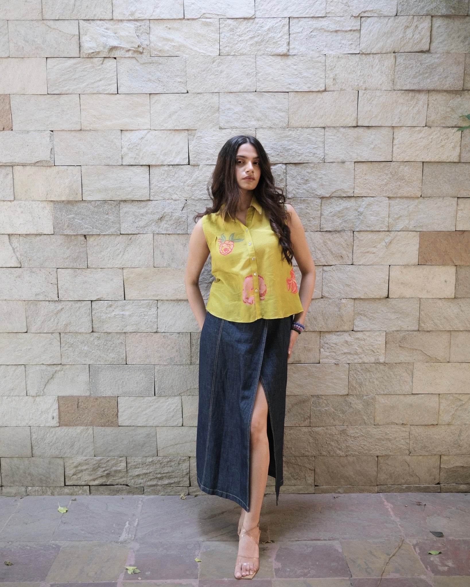 Chartreuse yellow muslin sleeveless top with embroidered collar - Sohni
