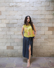 Chartreuse yellow muslin sleeveless top with embroidered collar - Sohni