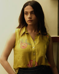 Chartreuse yellow muslin sleeveless top with embroidered collar - Sohni