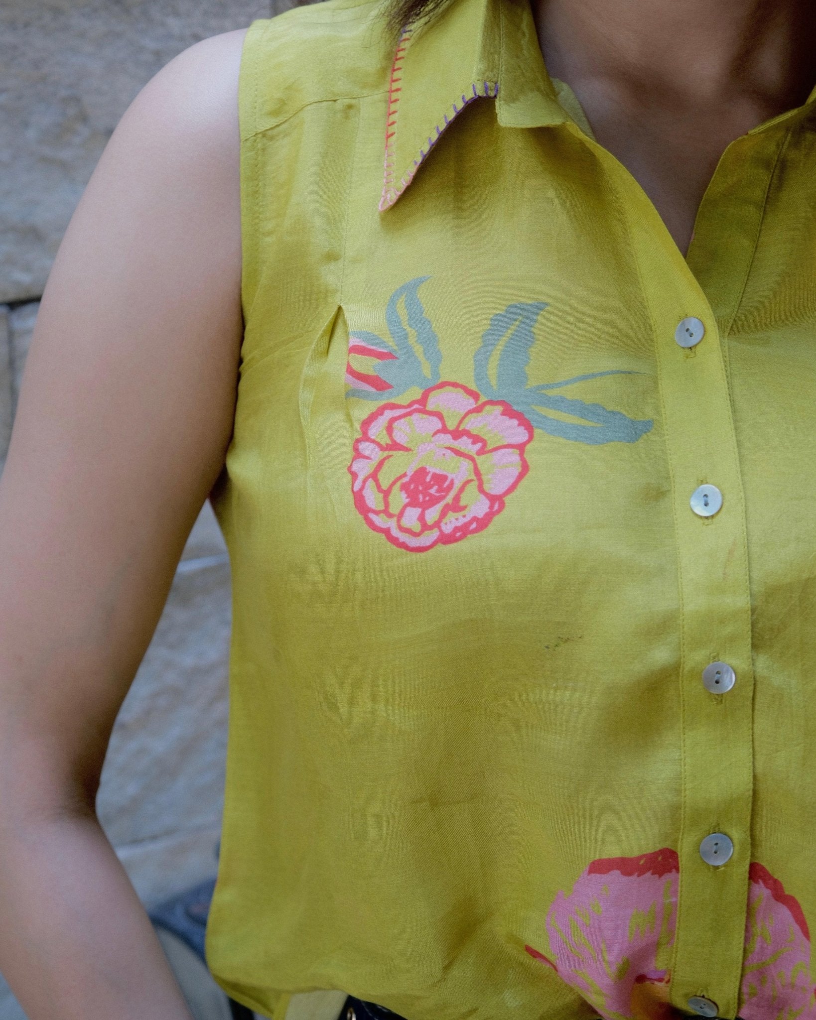 Chartreuse yellow muslin sleeveless top with embroidered collar - Sohni