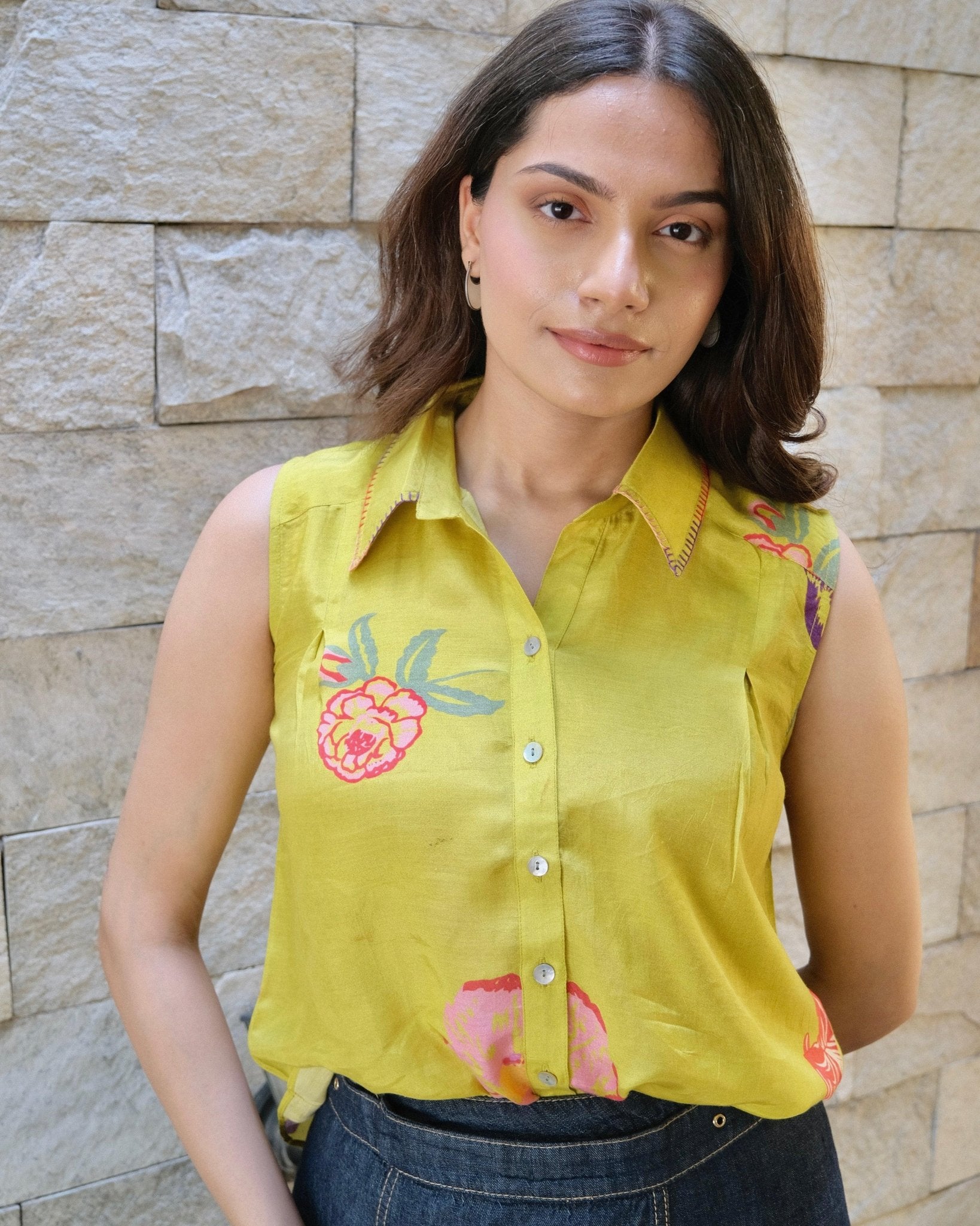 Chartreuse yellow muslin sleeveless top with embroidered collar - Sohni